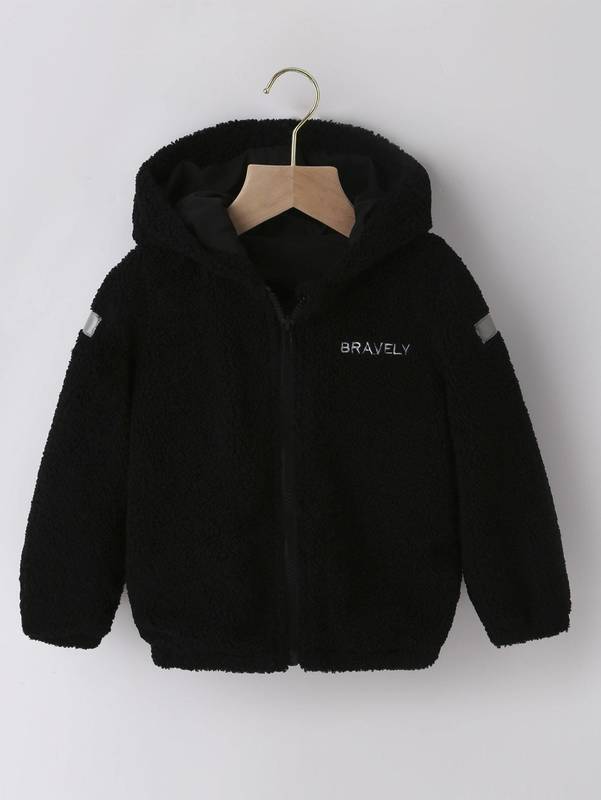 

Toddler Boys Letter Embroidery Patched Detail Hooded Fleece Coat SHE, Black