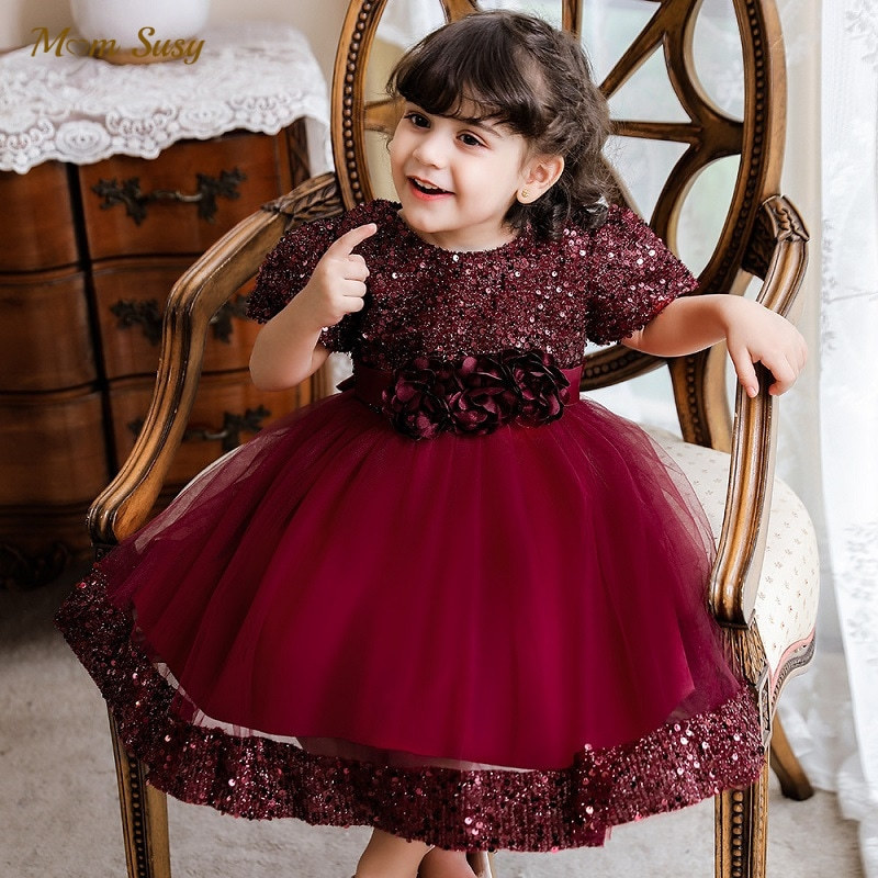 

Baby Girl Princess Sequins Tutu Dress Puff Sleeve Infant Toddler Vintage Tulle Vestido Flower Waist Party Pageant Birthday 03Y 220614, Winered