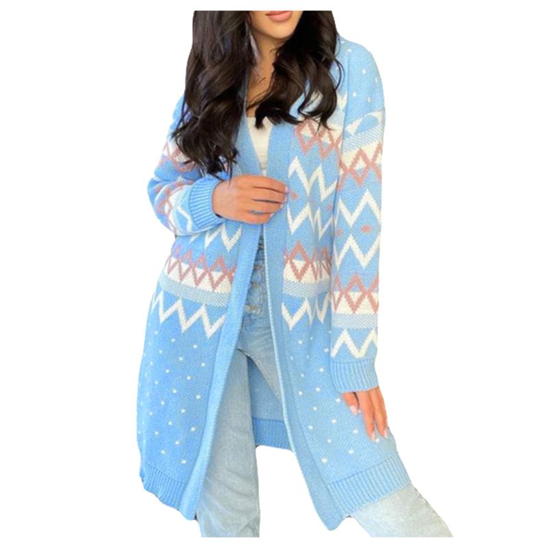 

Women' Jackets Women Casual Geometric Print Long Sleeve Open Front Cardigan Loose Knit Sweater Coat For Home VacationWomen, Blue