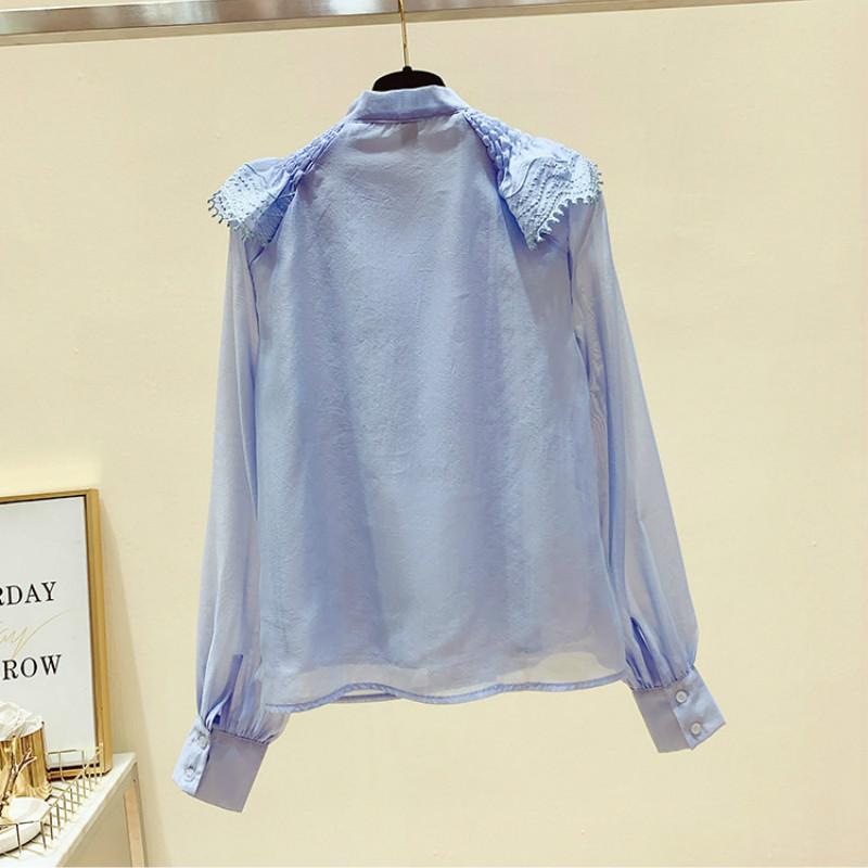 

Women' Blouses & Shirts Spring Autumn Bow Collar Elegant Women' Shirt Blue Chiffon Blouse Girls Ladies Long Sleeve Tops BlusasWomen