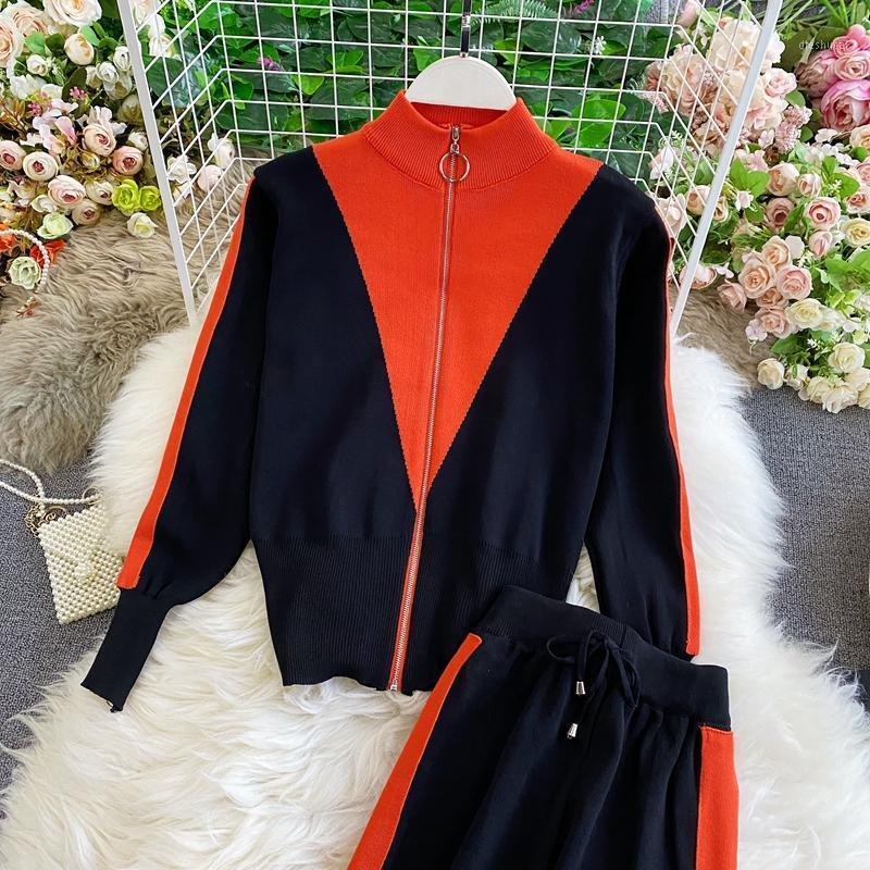 

Women's Two Piece Pants Women Autumn Spring Knitted Sets Panelled Zipper Sweater & Ladies Turtleneck Tops Straight Long 2pcs Set, White
