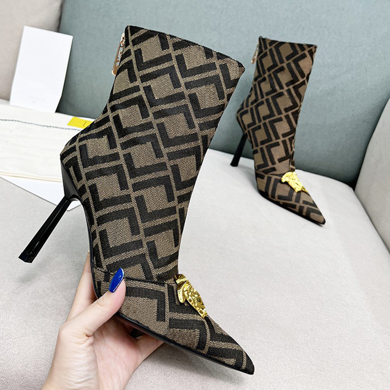 

Medusa denim Ankle Boots Fashion designer FF Printing Mixed Colors 10CM High heel shoes classic metal buckle stiletto Boot top quality Back zipper Women Booties 35-42, Blue