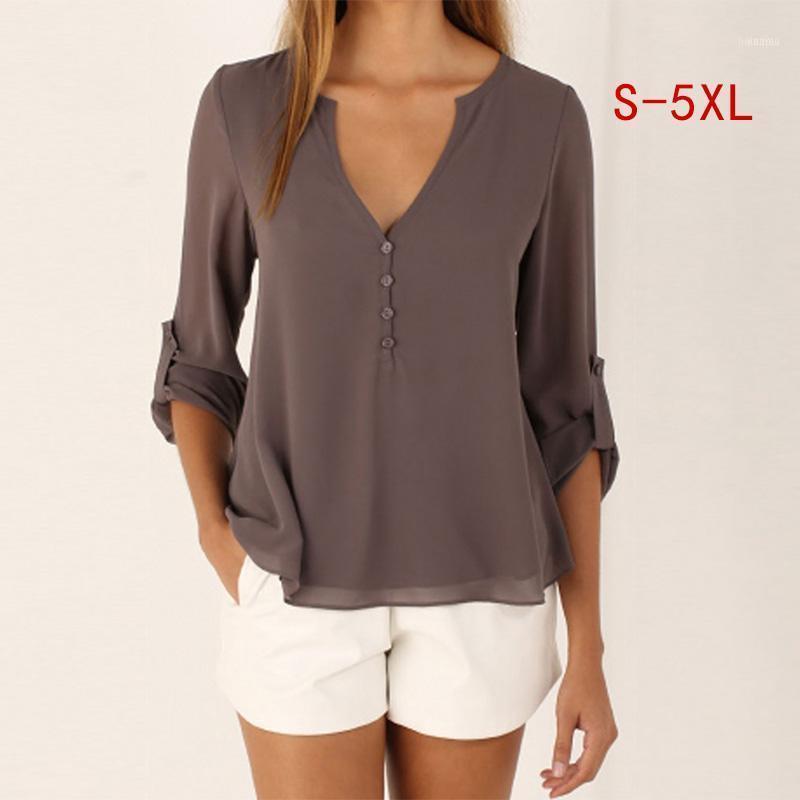 

Women' Chiffon Blouse Shirt 2022 Fashion Long Sleeve V-Neck Women Casual Loose Solid Lady Tops Female Plus Size 5X Blouses & Shirts, White