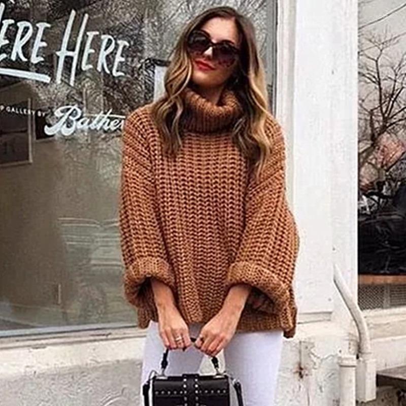 

Women's Sweaters 2022 Autumn Winter Turtleneck Long Flare Sleeve Brown Loose Free Size Pullovers Women Knitted Sweater MG366 Jemi22