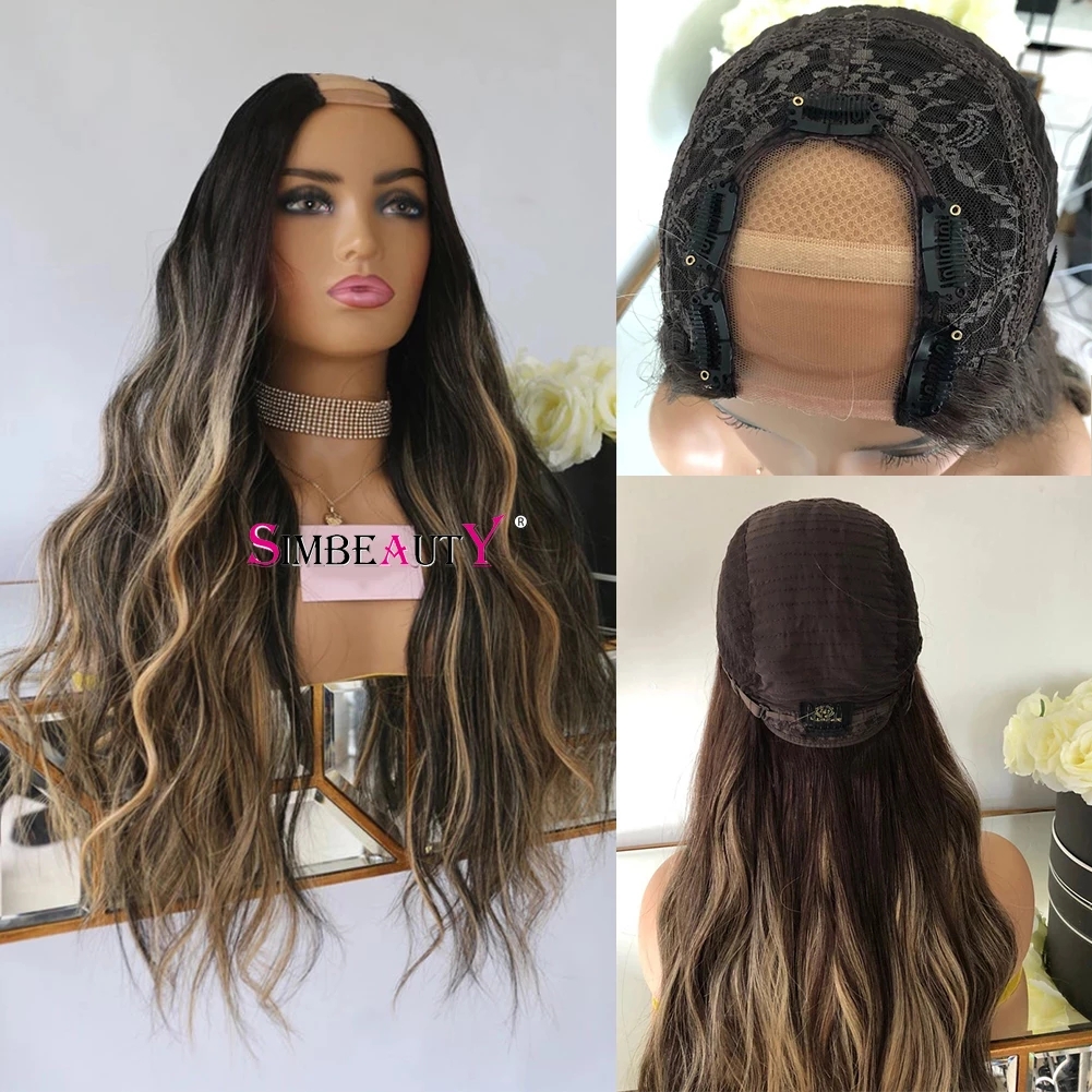 

Wavy 100% Human Hair 1x4 Opening U Part Highlight Brown Wigs for Black Women 30Inches Long V Shape Wigs with 6Clips, As picture color