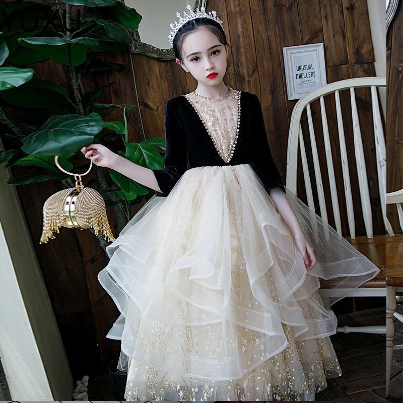 2023 Or Paillettes Robes De Fille De Fleur Avec Des Appliques De Dentelle Illusion Manches Longues Filles Pageant Robe Enfants Robes D'anniversai
