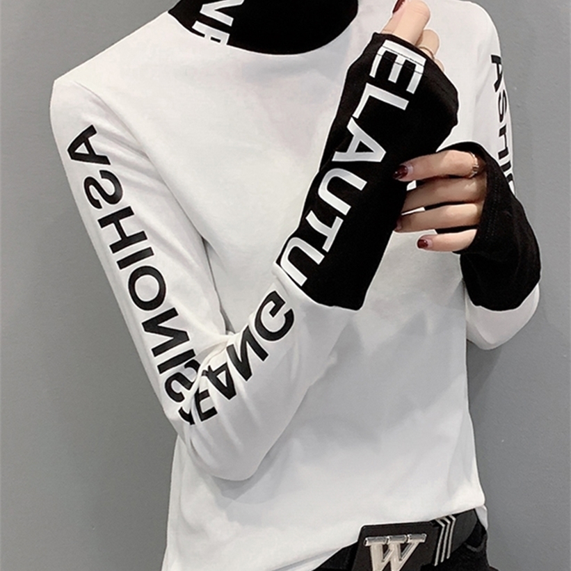 

Fall Winter European Clothes T-Shirt Chic Patchwork Letter Thick Broshed Long Sleeve Brushed Cotton Tops Tees T00514A 220322, White no fleece