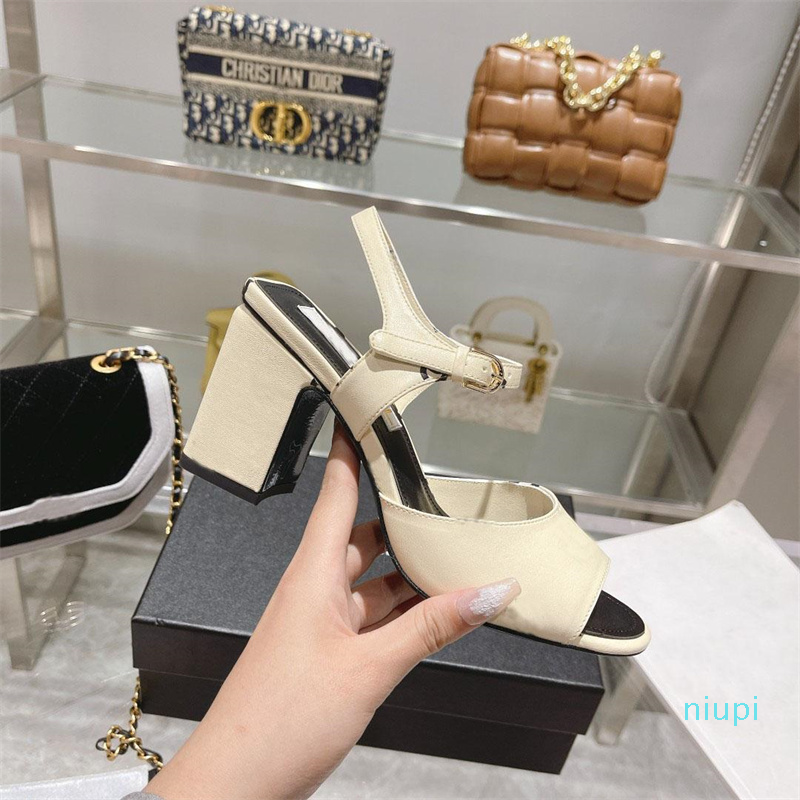 

Designer Women Sandals Lambskin Printed Sandal Lady High Heels Fashion Single Dress Shoes Slingbacks Sexy Thick Heel Slide P525, Color 1