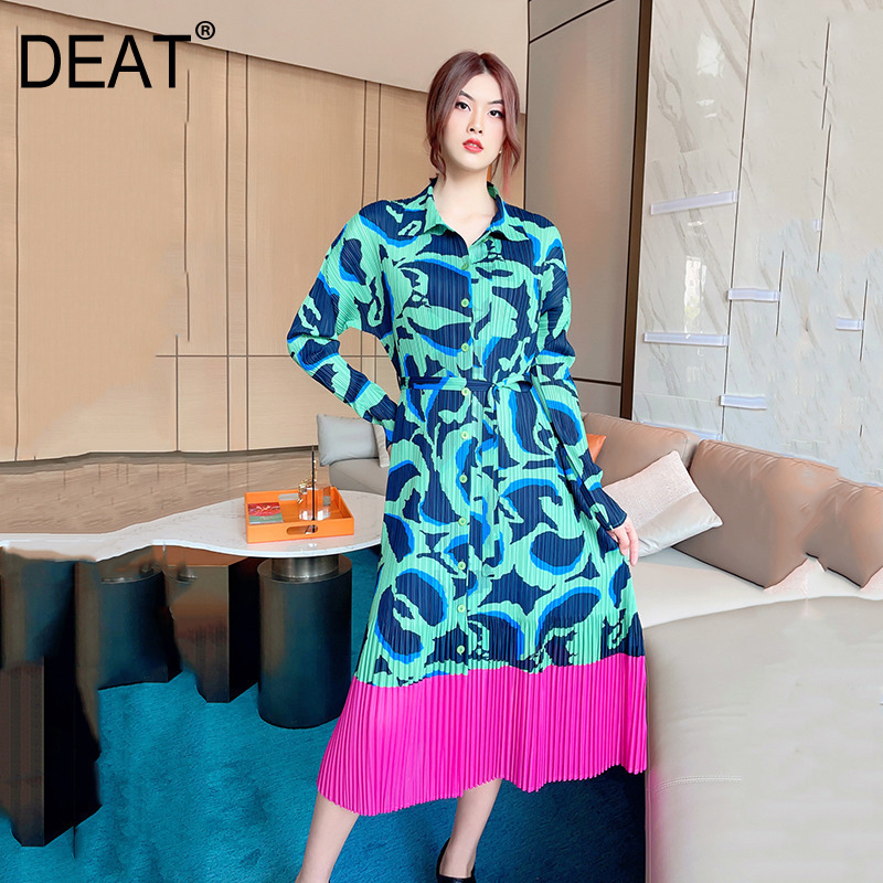 

DEAT Woman Pleated Dress Print Hit Color Lady Elegant Turn Down Collar Long Sleeve Slim Casual Style Autumn 15XF444 220721, Green dress