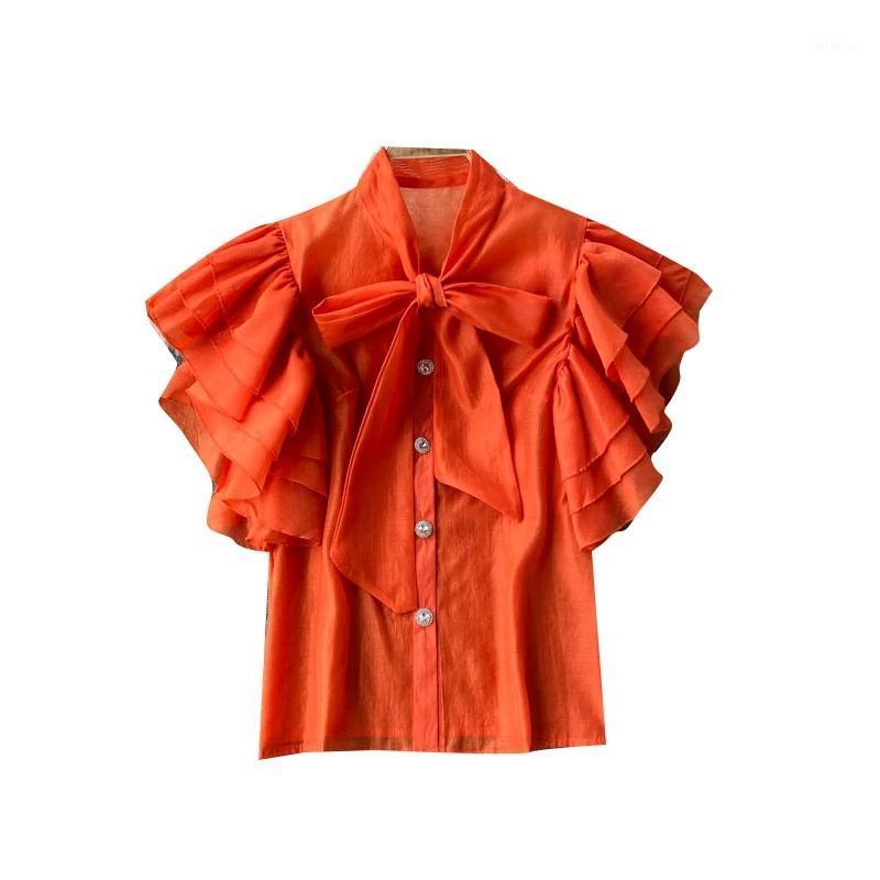 

Women's Blouses & Shirts Patchwork Ruffle Shirt Women Bow Collar Short Sleeve Solid Chic Blouse Femlae Fashion Clothing Mujer De Moda French, Picture color