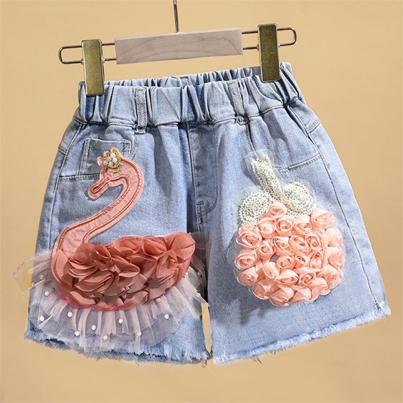 

Baby Summer Cotton Denim Shorts Pants Toddler Kids Cute Swan Flower Soft Jeans for Teenager Girls Children Clothing 220616, P0624-blue