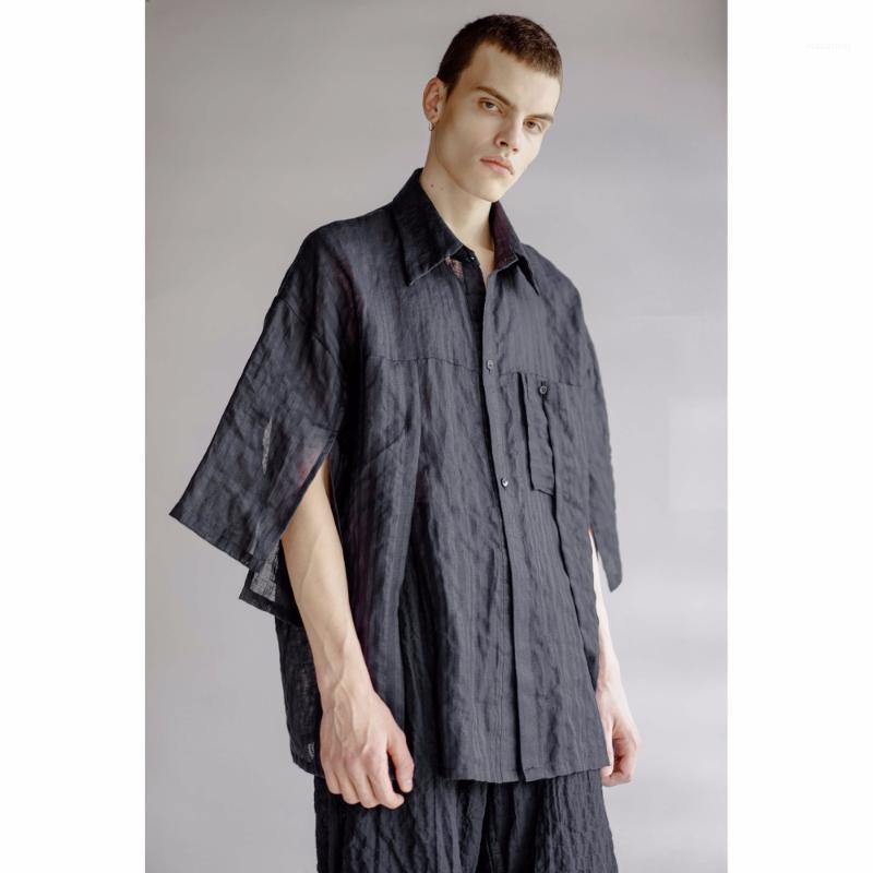

4XL! 2022 Men' Clothing Plus Size Original Linen Art Thin Shirt Retro Loose Stripe Short Sleeve Singer Costumes Casual Shirts, As picture