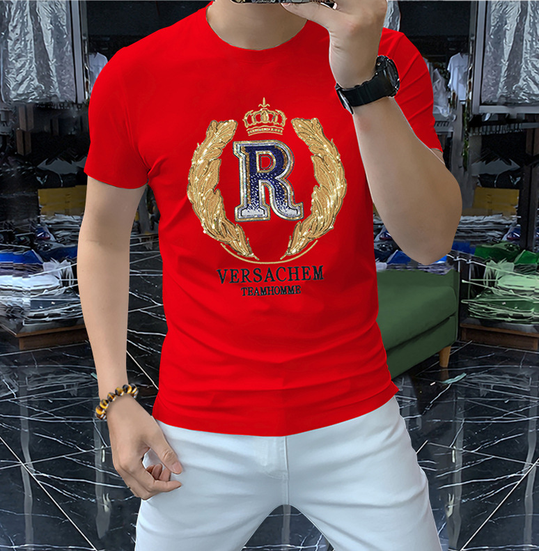 

T-Shirts Men's 2022 New Summer Short Sleeve Tees Letter Crown Sequin Embroidery O-Neck Slim Top Luxurious Party Mercerized Cotton Man Clothing Red White Black M