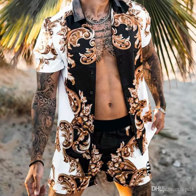 Mens shirt Hawaiian suit casual button beach Tracksuits printing letter print vacation Beachwear Short Sleeve 2 pcs set Shirt Tops Shorts Sets-image-799030252