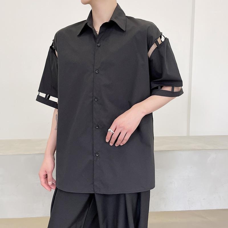 

Summer Men's Loose Casual Vintage Hollow Short Sleeve Shirts Korean Harajuku Streetwear Black Tops For Man, 1811