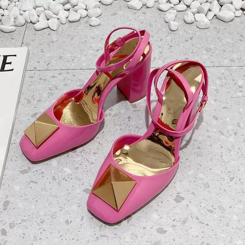 spring and summer women's fashionable patent leather sandals Rome single stud diagonal back shoes high top heel Leather Ankle Strap