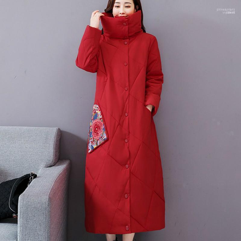 

Women's Down & Parkas Retro Embroidery Plus Size Cotton Padded Parka Feminina Woman Warm Long Coat Female Clothes Winter Jacket Women Tops S, Beige