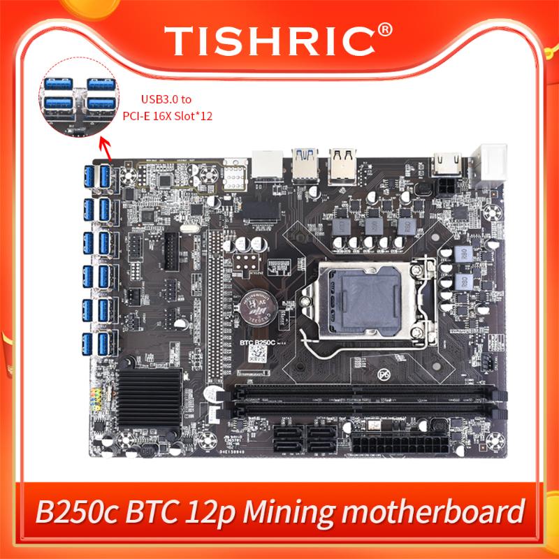 

Motherboards TISHRIC B250C BTC 12-Port USB Mining Motherboard SATA Dual USB3.0 Ports PCI-E16X Slot LGA1151 Supports DDR4 DIMM RAM