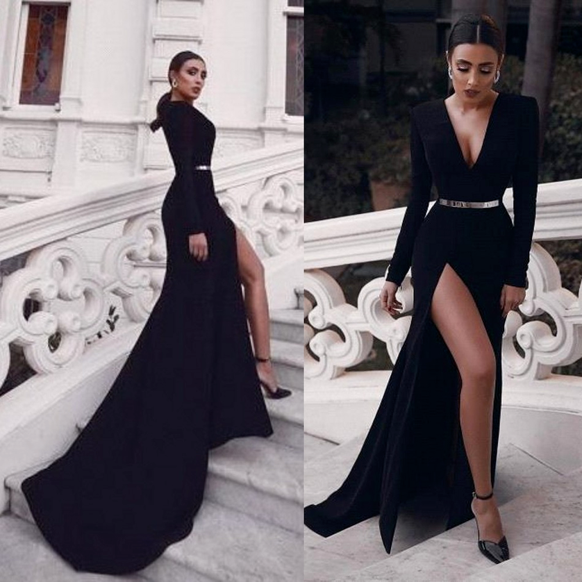 

Sexy High Thigh Split Black Evening Dresses Long Sleeves V Neck Women Formal Occasion Gowns Met Gala Celebrity Wears BC4471 sxm20, Chocolate