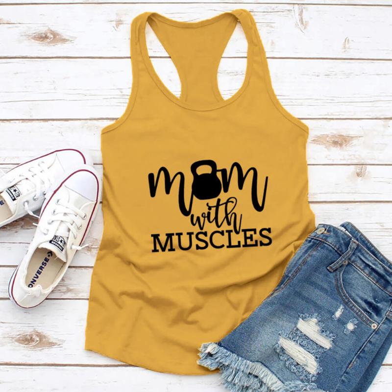 

Women's Tanks & Camis Mom With Muscles 100%Cotton Fitness Tank Tops Funny Saying Workout Top For Women Running Vest Exercise Life, Black-white text