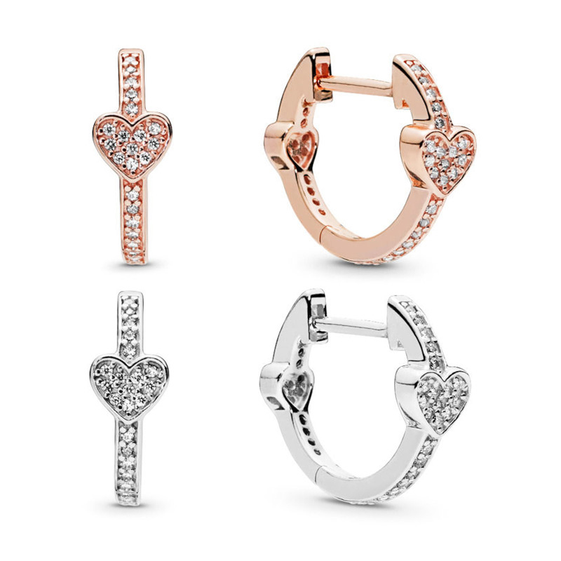 Pave Heart Hoop Earrings Original Box Set Authentic 925 Sterling Women Wedding Gift Jewelry 18K Rose Gold Diamond Circle earrings High Quality