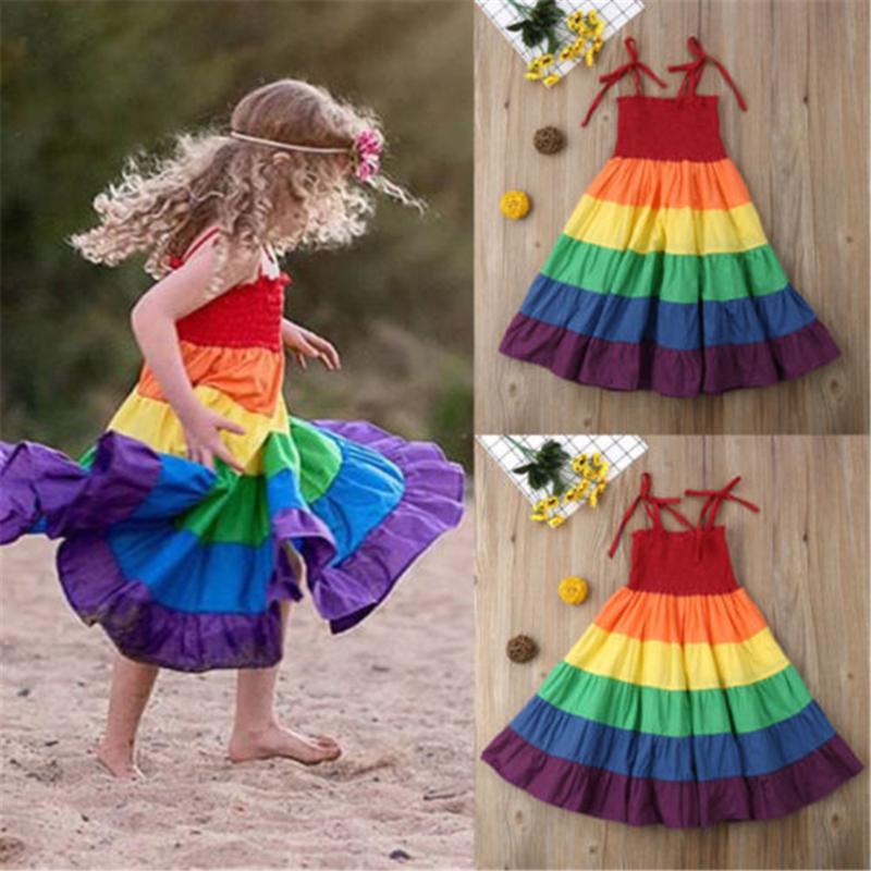 

Girl's Dresses Cute Fashion Baby Girls 2-7 Years Old Summer Children Sling Dress Rainbow Striped Resort Style Sweet Princess ClothingGirl's, As picture