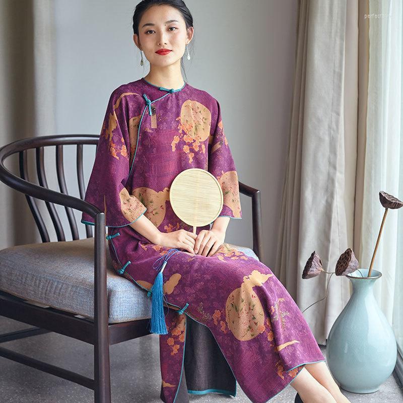

Women's Knits & Tees 2022 Mulberry Silk Cloud Gauze Chinese Style Inverted Large Sleeve Round Neck Wide Gown Dress U20258 Perf22, Purple fan print