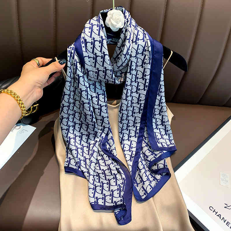 0FNH Silk scarves women summer thin sunscreen D home small strip spring and Autumn Travel shawl letter outside the long Shawl Scarf