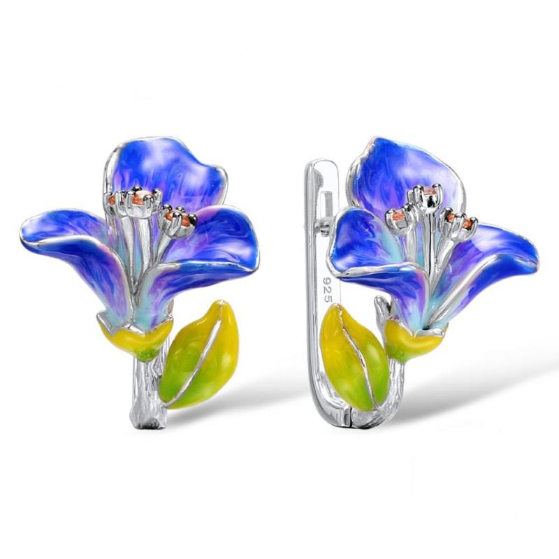 

Dangle & Chandelier Arrival Blooming Flower Wedding Silver Drop Earrings For Women Blue Morning Glory Enamel Temperament Bridal Party Earrin