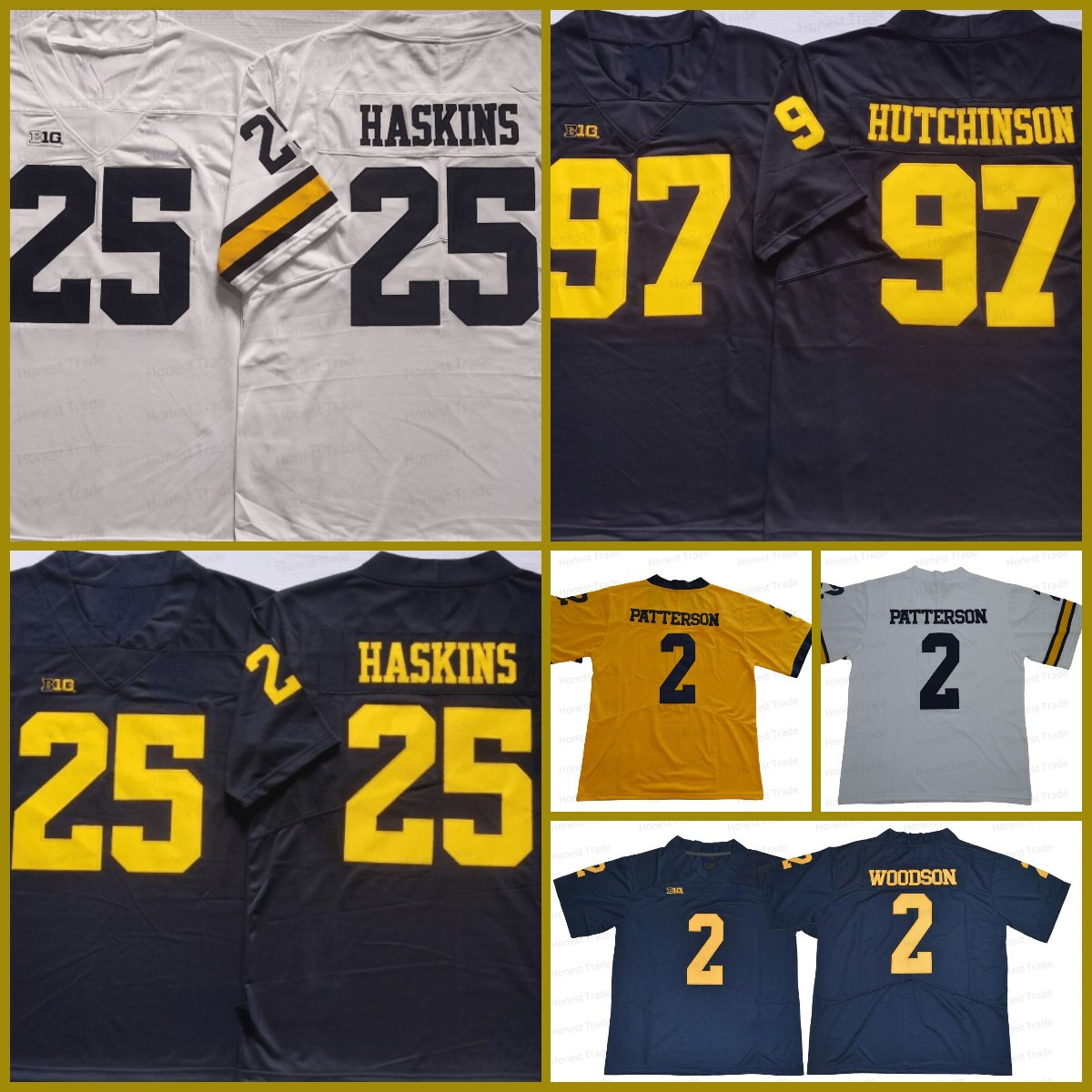 

NCAA Michigan 97 Aidan Hutchinson Yellow College Football Jersey Charles Woodson 2 Shea Patterson 25 Hassan Haskins Navy Blue Jerseys, Men;as