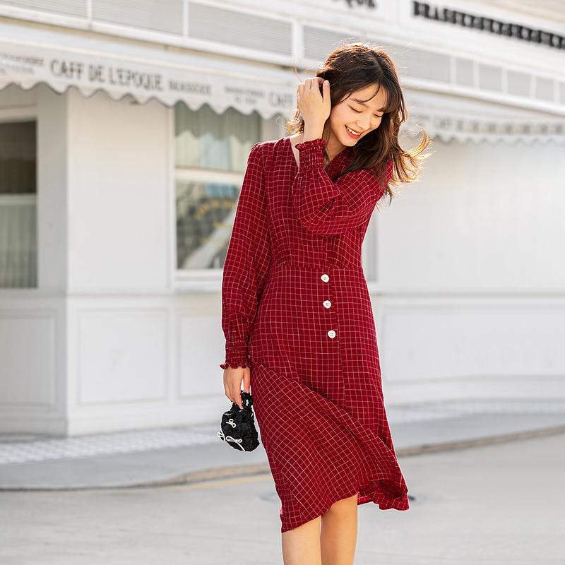 

Casual Dresses Spring Vintage Color Plaid Lady One Piece Medium Length Long Sleeve Retro V-Neck A-Line Irregular Hem Women' DressCasual, Red