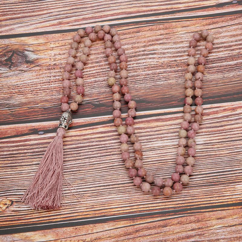 

Pendant Necklaces 6mm/8mm Natural Rhodolite Beaded Knotted 108 Mala Necklace Meditation Yoga Prayer Jewelry With Buddha Head Tassel RosaryPe