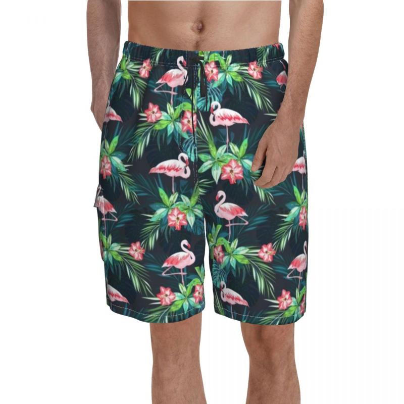 

Men' Shorts Tropical Palm Leaves Design Board Bright Flamingos Man Funny Beach High Quality Plus Size Swim TrunksMen