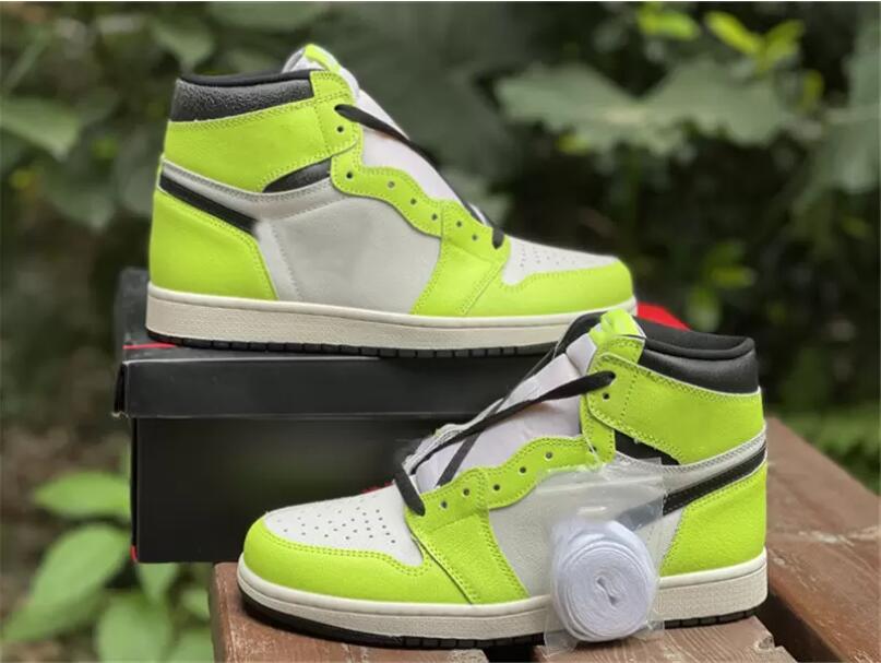 

Newst Colors Authentic 1S Basketball Shoes High OG 1 Volt Fluorescent green Black yellow toes Outdoor Trainers Sports Sneakers, 23