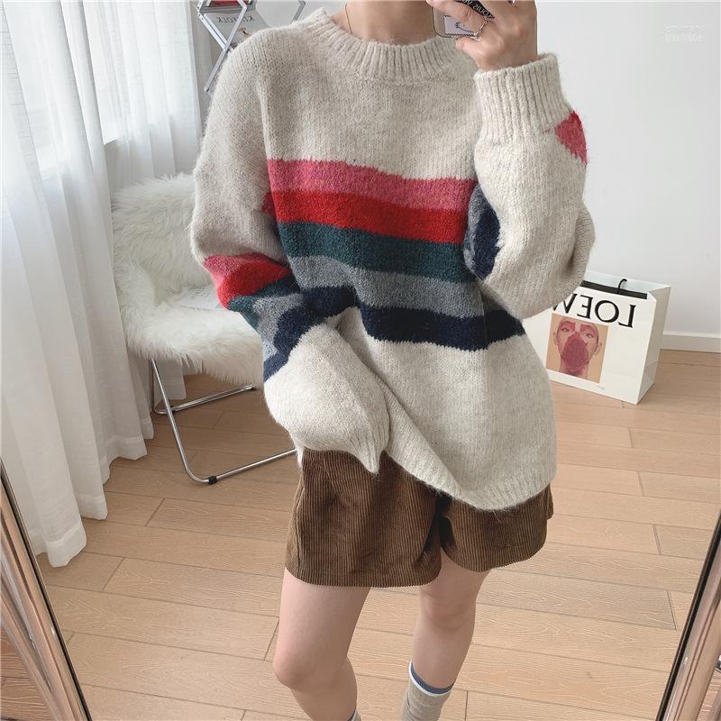 

Women's Sweaters Retro Rainbow Striped Sweater Women Pullover 2022 Autumn Winter Thick Loose Round Neck Coarse Wool Outer Jacket Vintage Jem, Gray