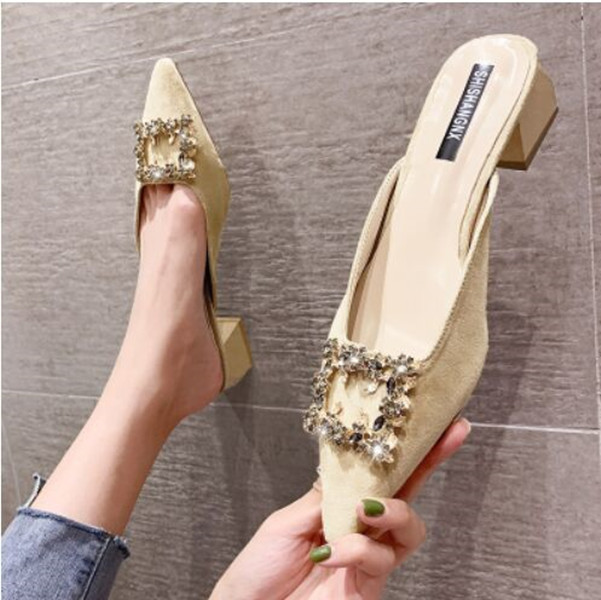 Red high-heeled sandals for women to wear out summer 2022 new pointed back empty Baotou women's shoes Rhinestone square buckle thin heels