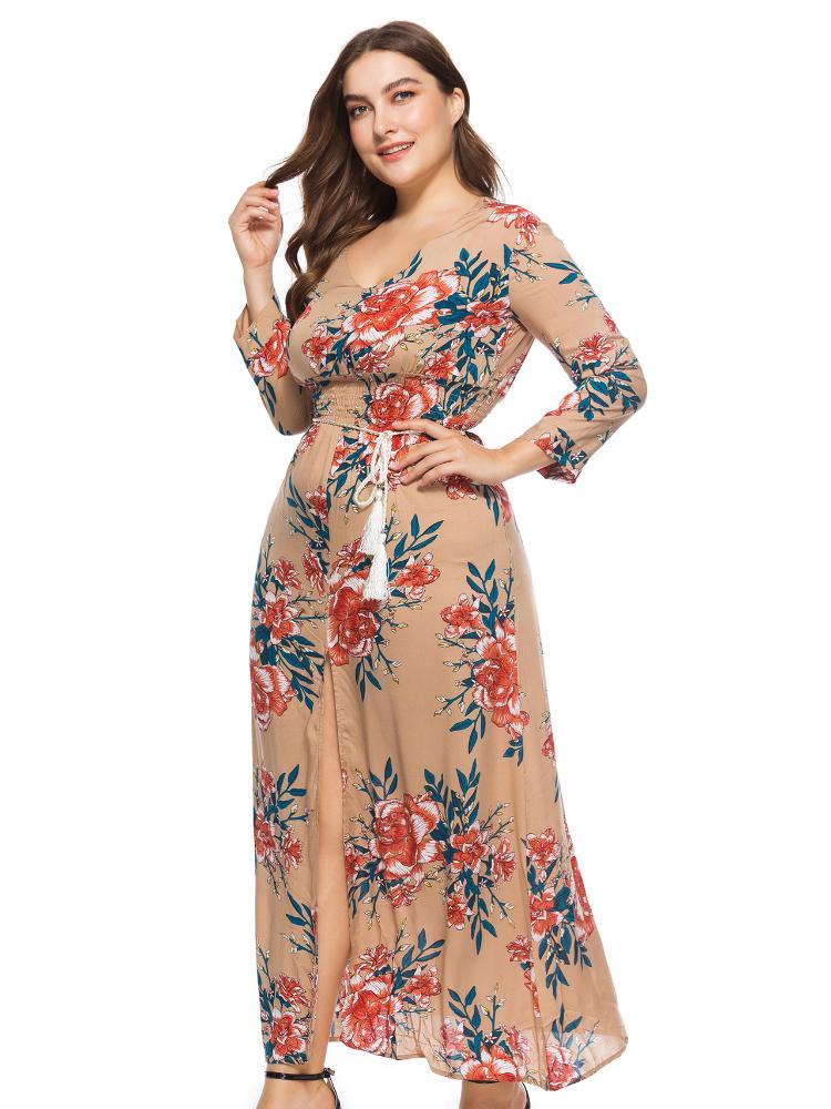 

Plus Size Dresses Fashion Floral Print V-neck A-line Boho Maxi Dress Women Casual Tassels Belt Slit Bohemian Beachwear VestidosPlus, Beige