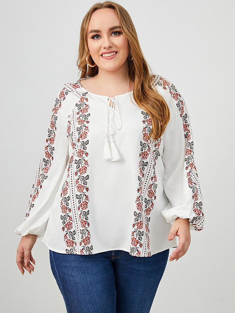 

Women's Plus Size T-Shirt 2022 Summer Long Sleeve Blouse Shirt Women Floral Print White Casual Boho Ladies Tops Jasp22