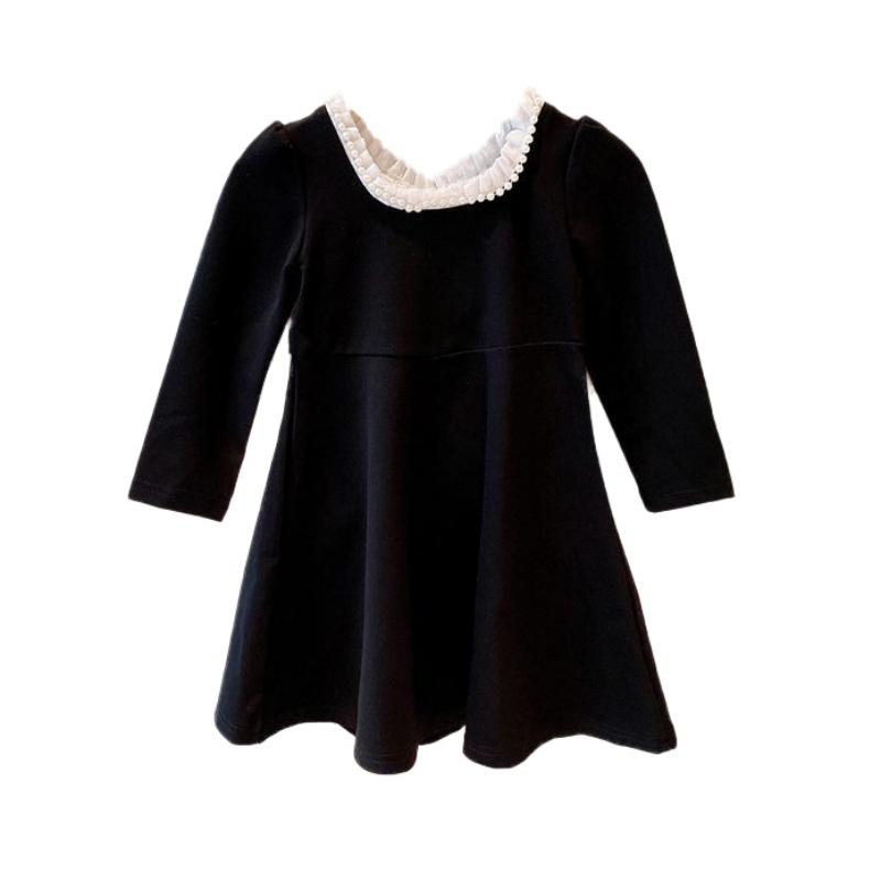 

Girl's Dresses Autumn And Winter Baby Girl Square Collar Pearl Hepburn Wind Long Sleeve Slim Black Kid DressGirl's