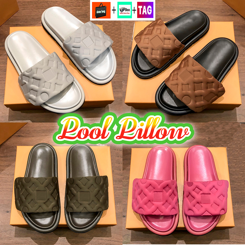 

Designer Mens Slippers Pool Pillow Flat Comfort Womens Slides Embossed Mules with Box Fashion luxury Low Heel Summer sandals Nylon Newest women Indoor Beach sandal, Shoes box