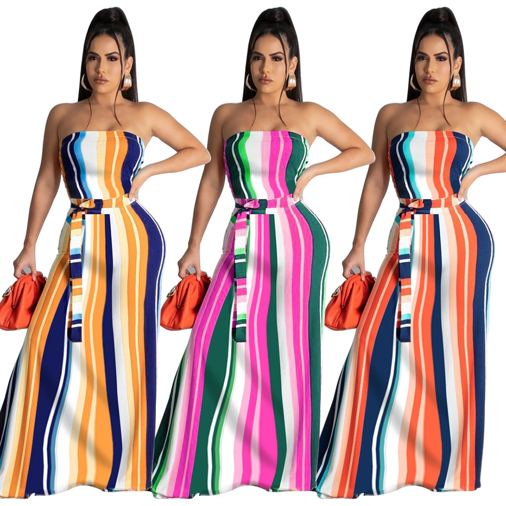 

Rainbow Stripes Printed Tube Maxi Dress Women Summer Clothes Woman Casual Long Strapless Vestidos with Sashes, Yellow