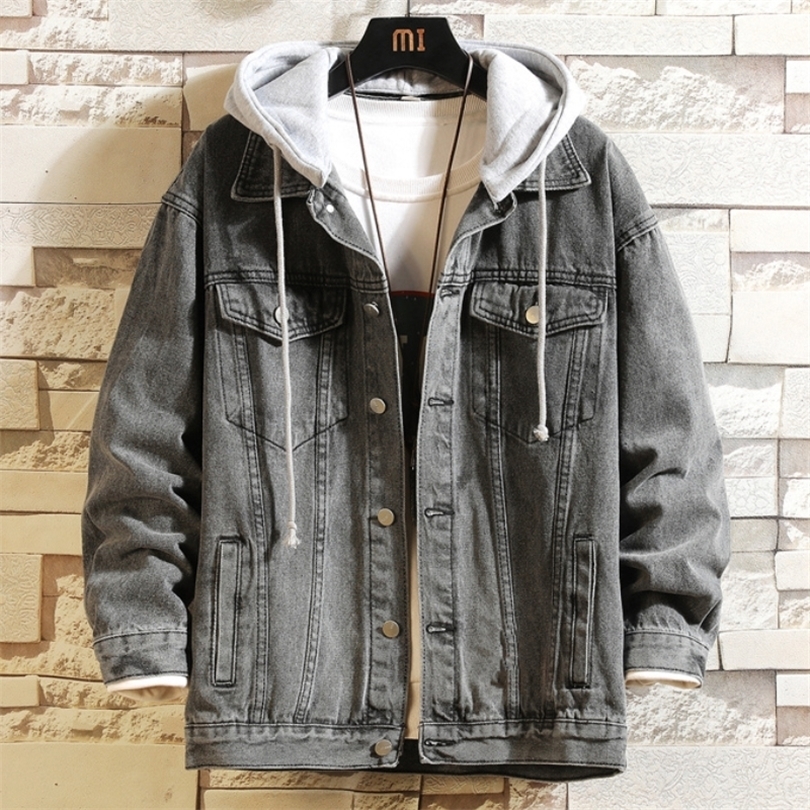 

Hooded Denim Jacket Mens Hip Hop Jeans Coat Retro Jean Jacket Street Casual Bomber Jacket Outerwear Hoodies 220815, Gray
