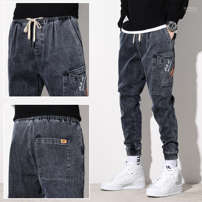 

Men's Jeans Black Pants Man Spring And Autumn Loose Harem Tooling Casual Nine-Point Beam Foot Large Size Male Trousers Bert22, Gary blue
