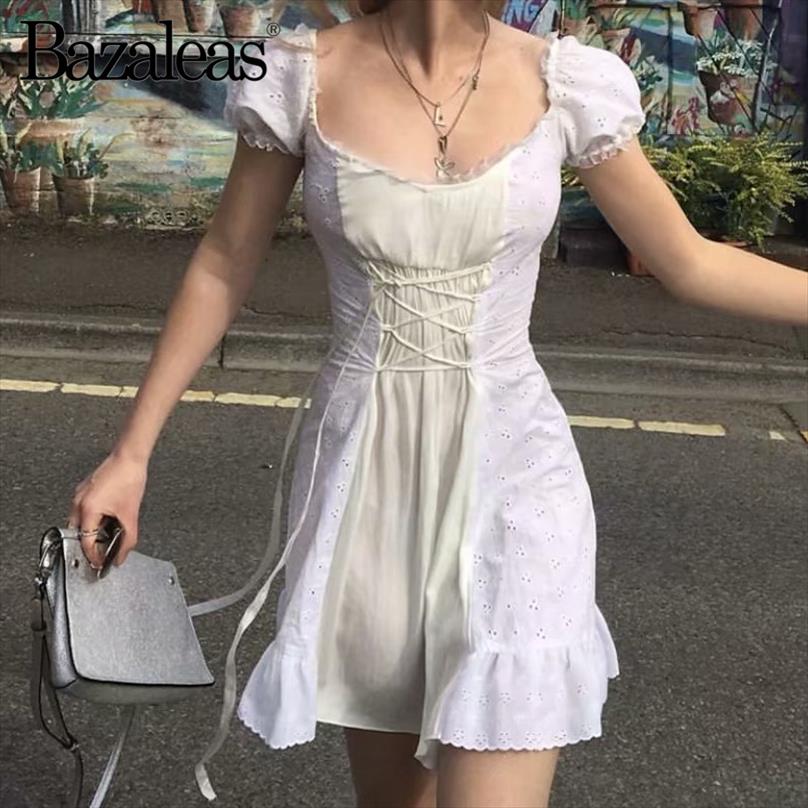 

France Lace White Embroidery Women Dress Vintage Waist Bandage Tie Cross Dresses Fashion Ruffles Vestidos, 6575 white y123