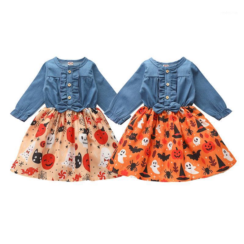 

Girl's Dresses Born Kids Baby's Clothes Girls Fashion Denim Stitching Ghost Print Dress Casual Single-breasted Long Sleeve Halloween