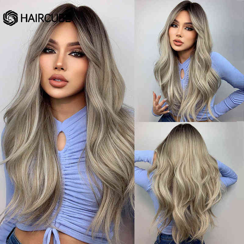 Haircube perruque synthétique longue ondulée noir marron gris ombré avec frange Cosplay quotidien naturel pour femmes cheveux résistants à la cha
