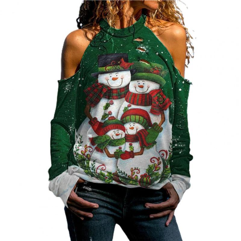 

Women's Blouses & Shirts Ripped Holes Off Shoulder Casual Women Blouse Hollow Out Santa Claus Print Xmas Pullover For Outdoor Clothing 2022, Blue