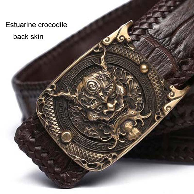 

Belts Gete Estuarine Crocodile Leahter Belt Personality Weaving Male Brass Buckle Smooth Men, Black