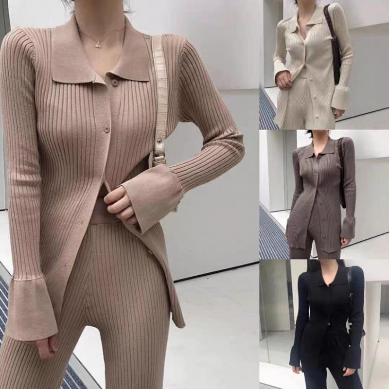 

Women's Tracksuits Knit Set Women 2022 Spring Two Piece Outfits Long Sleeve Single Breasted Top And Wide Leg Pants Ladies Solid Casual Suit