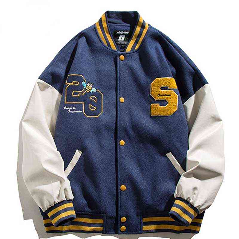 

Patchwork Baseball Jacket Men Women Furry Bee Letters Embroidery Fashion Varsity Jackets Unisex Streewear Casual Bomber Coat T220728, Blue